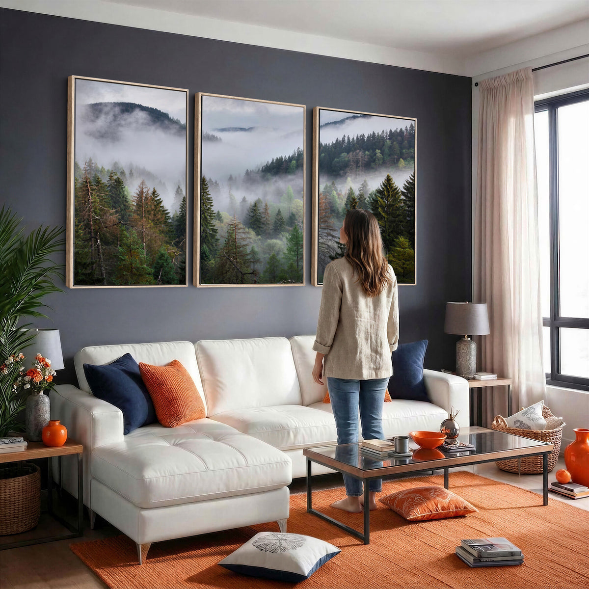 18735847-_Poster-30x20 - Foggy Pine Forest Mountain Canvas Print 3 Piece Framed Wall Art Extra Large Floating Frame Nature Poster Made in USA