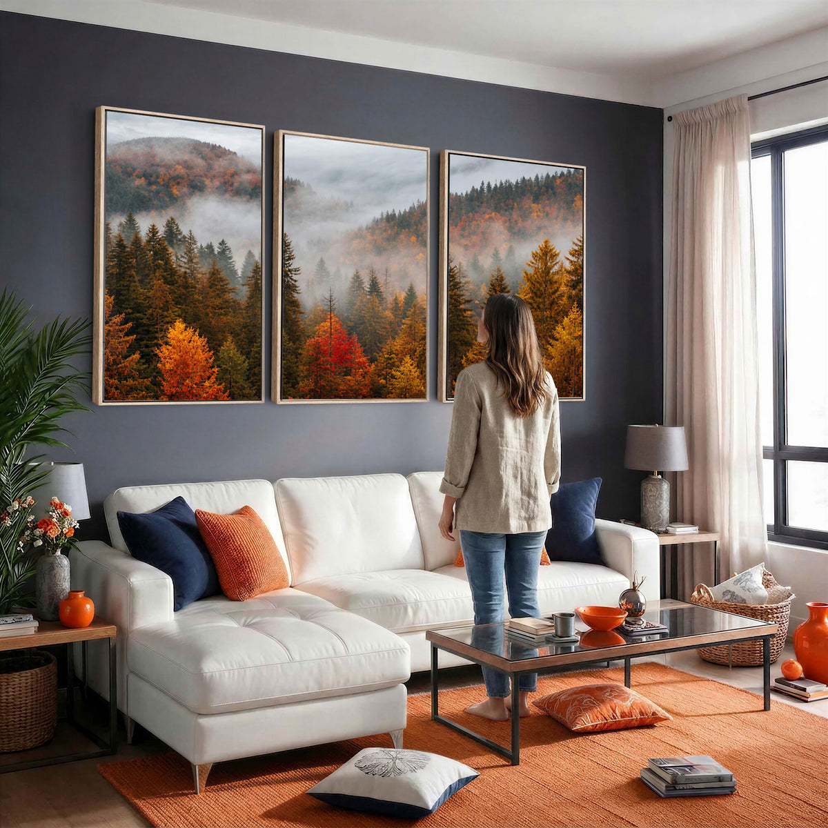87481341-_Poster-30x20 - Foggy Autumn Mountain Canvas Print Smoky Pine Forest Wall Art Panoramic Nature Poster 3 Piece Made in USA
