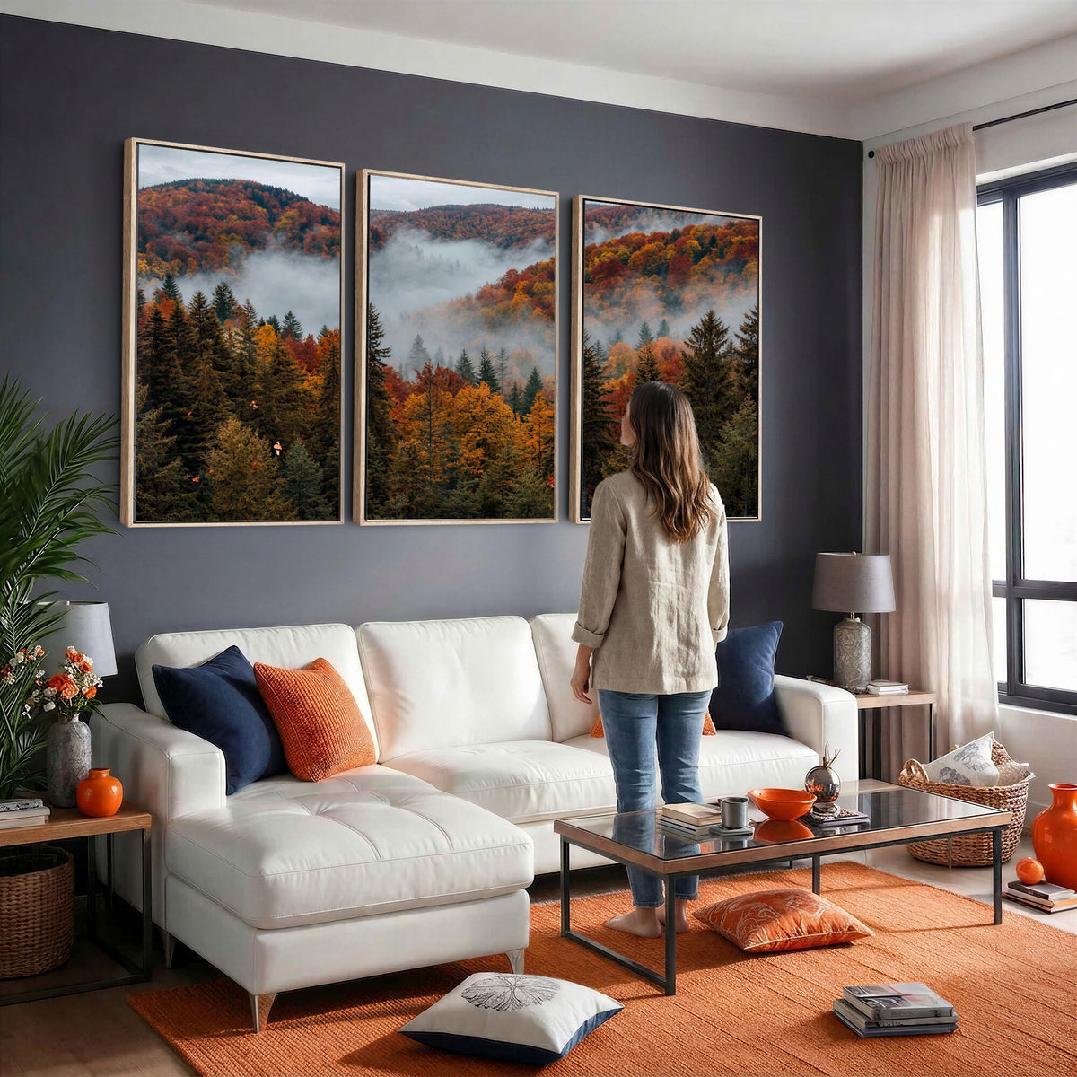 26686263-_Poster-30x20 - Misty Autumn Forest Mountain Canvas Print 3 Panel Wall Art Gallery Wrapped Floating Frame Poster Made in USA
