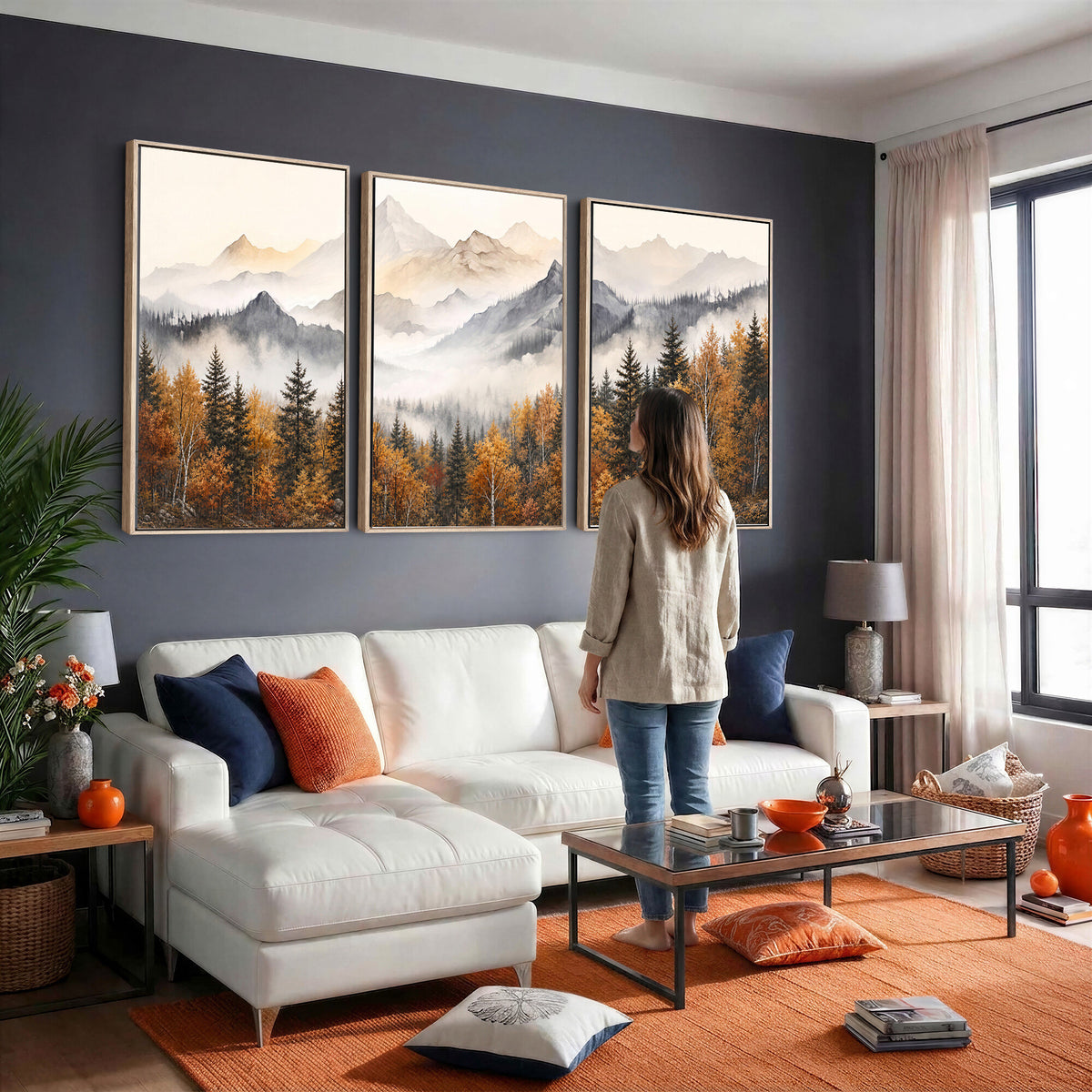 19544118-MGV-TP-30X20 - Misty Mountain Autumn Forest Canvas Wall Art - Watercolor Fall Nature Landscape Print