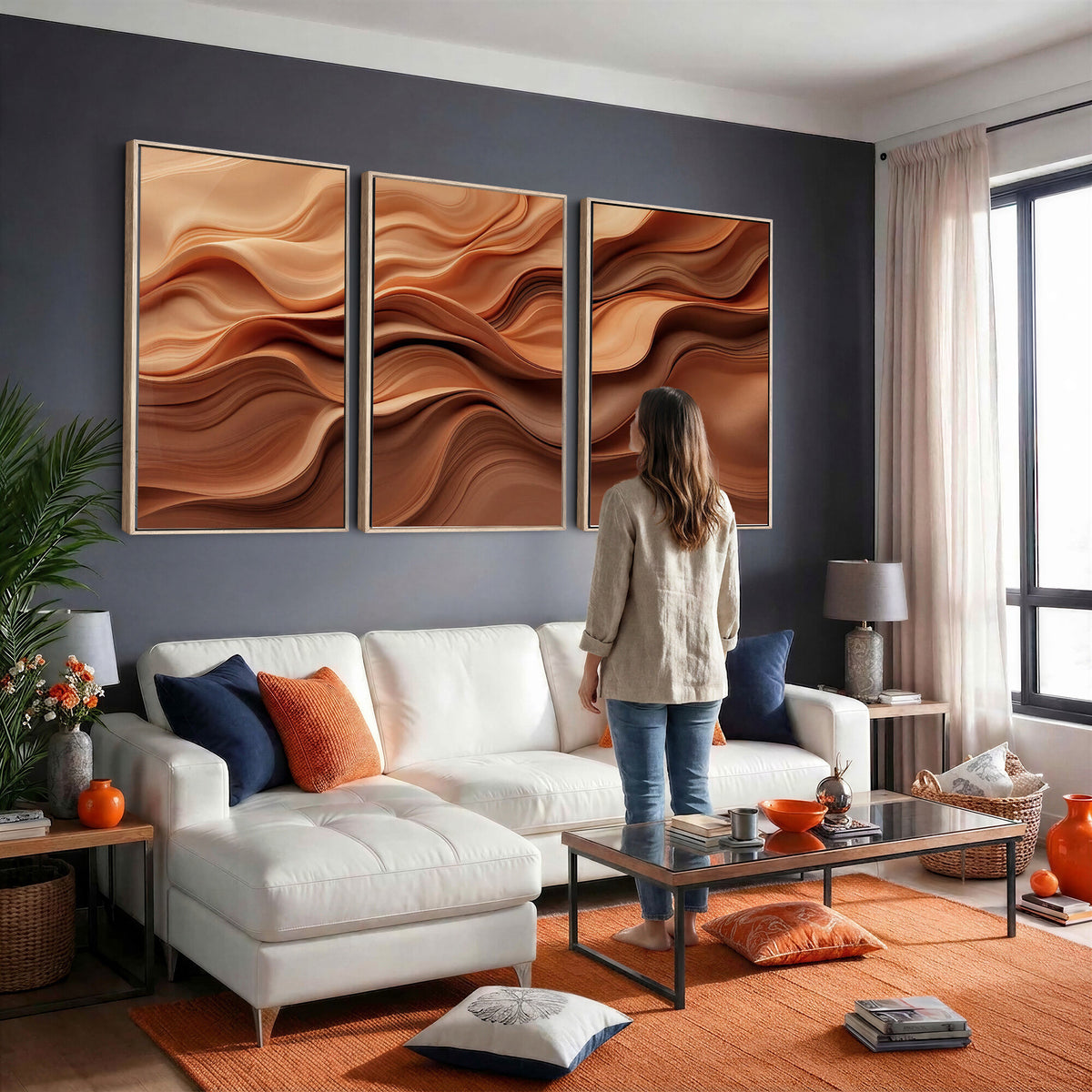82230697-MGV-CV-36X24 - Modern Abstract Fluid Waves Canvas Wall Art - Minimalist Warm Terracotta Beige Sand Print