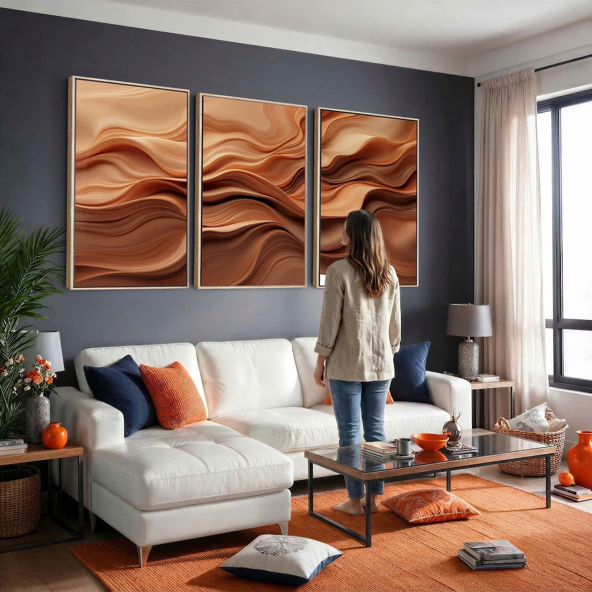 82230697-_Poster-30x20 - Modern Abstract Fluid Waves Canvas Wall Art - Minimalist Warm Terracotta Beige Sand Print