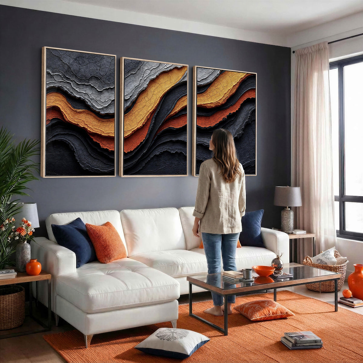 59852489-MGV-CV-36X24 - Abstract Waves Canvas Wall Art - Modern Terracotta and Charcoal Gray Print
