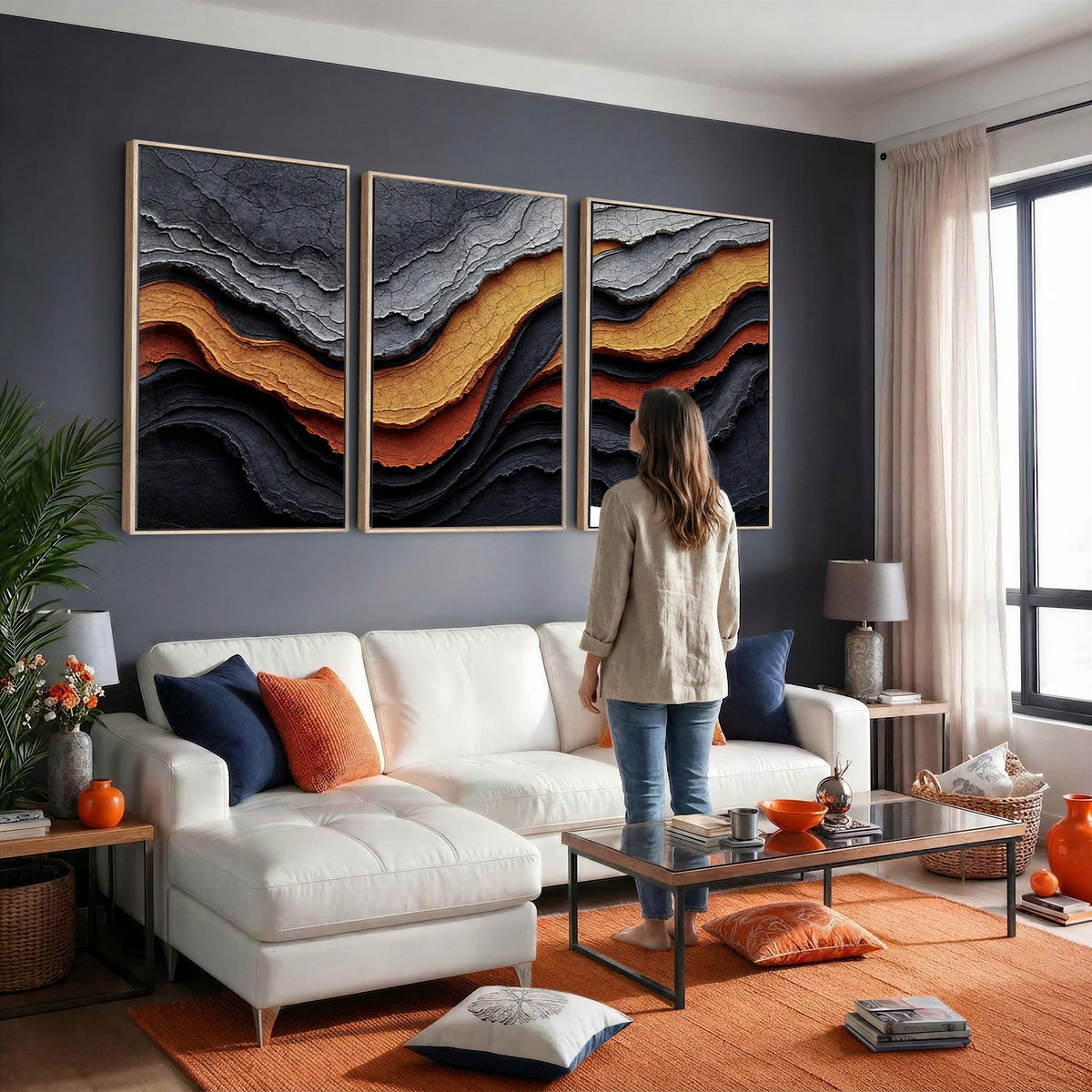 59852489-_Poster-30x20 - Abstract Waves Canvas Wall Art - Modern Terracotta and Charcoal Gray Print