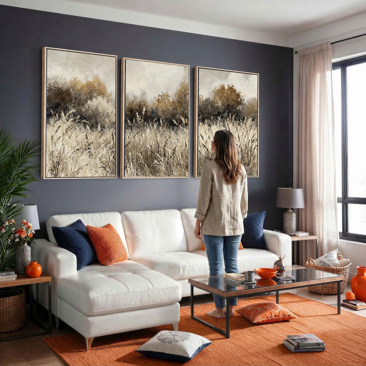 53959945-MGV-TP-30X20 - Muted Neutral Forest Landscape Canvas Wall Art - Vintage Rustic Wildflower Meadow Print
