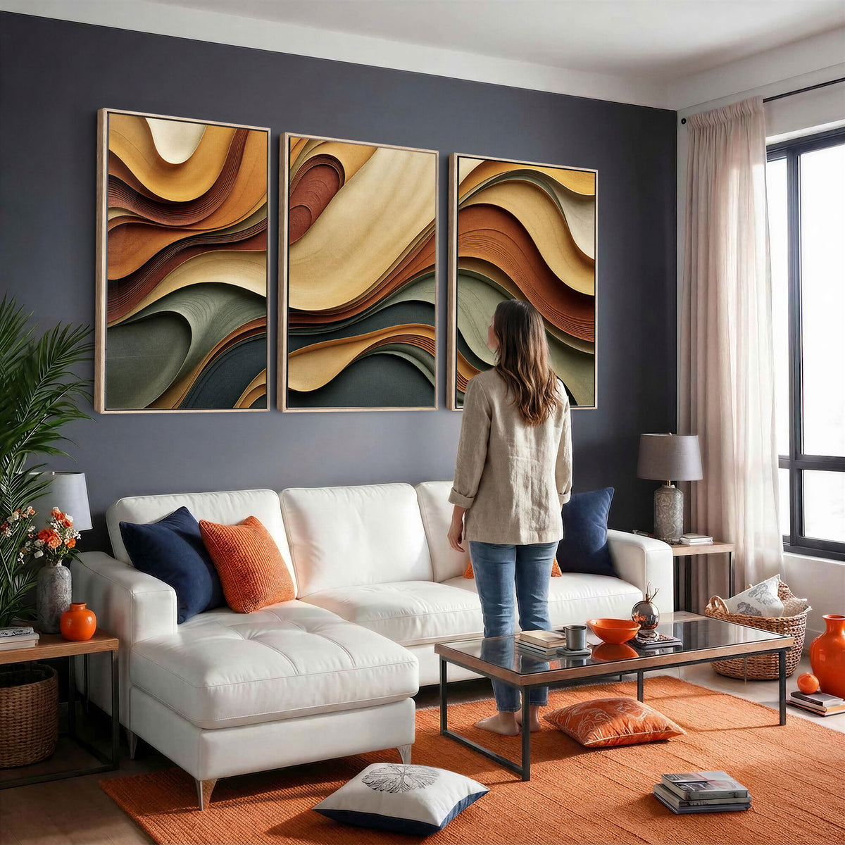19337902-MGV-CV-36X24 - Modern Abstract Waves Canvas Wall Art - Minimalist Earthy Tone Living Room Decor