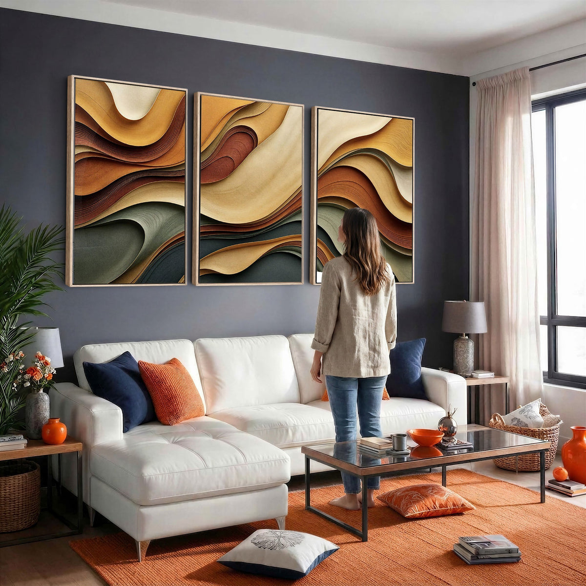19337902-_Poster-30x20 - Modern Abstract Waves Canvas Wall Art - Minimalist Earthy Tone Living Room Decor