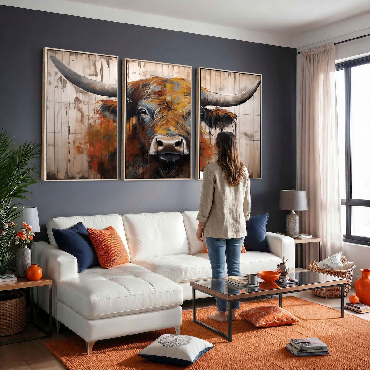 47284-MGV-CV-24X16 - Abstract Bull Highland Cow Canvas Wall Art Print