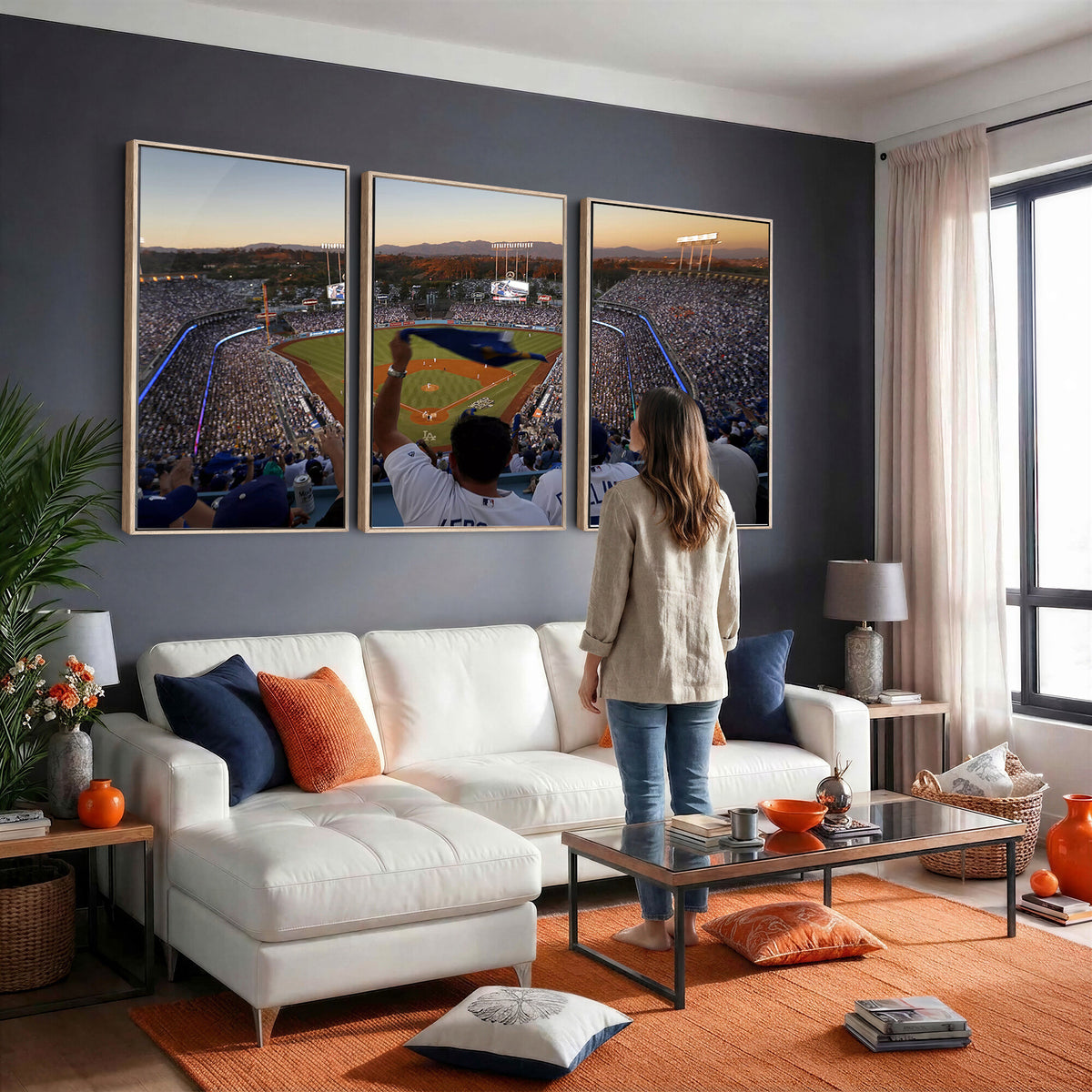 60162-MGV-CV-36X24 - Dodger Stadium Sunset Game Triple Canvas Wall Art, Los Angeles Dodgers MLB Match