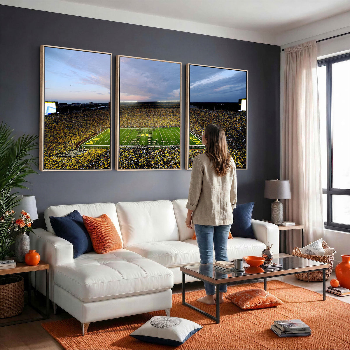 82641-MGV-CV-36X24 - Michigan Stadium Wall Art Canvas Print – Framed Football Field Scene with Marching Band Artwork for Home, Office