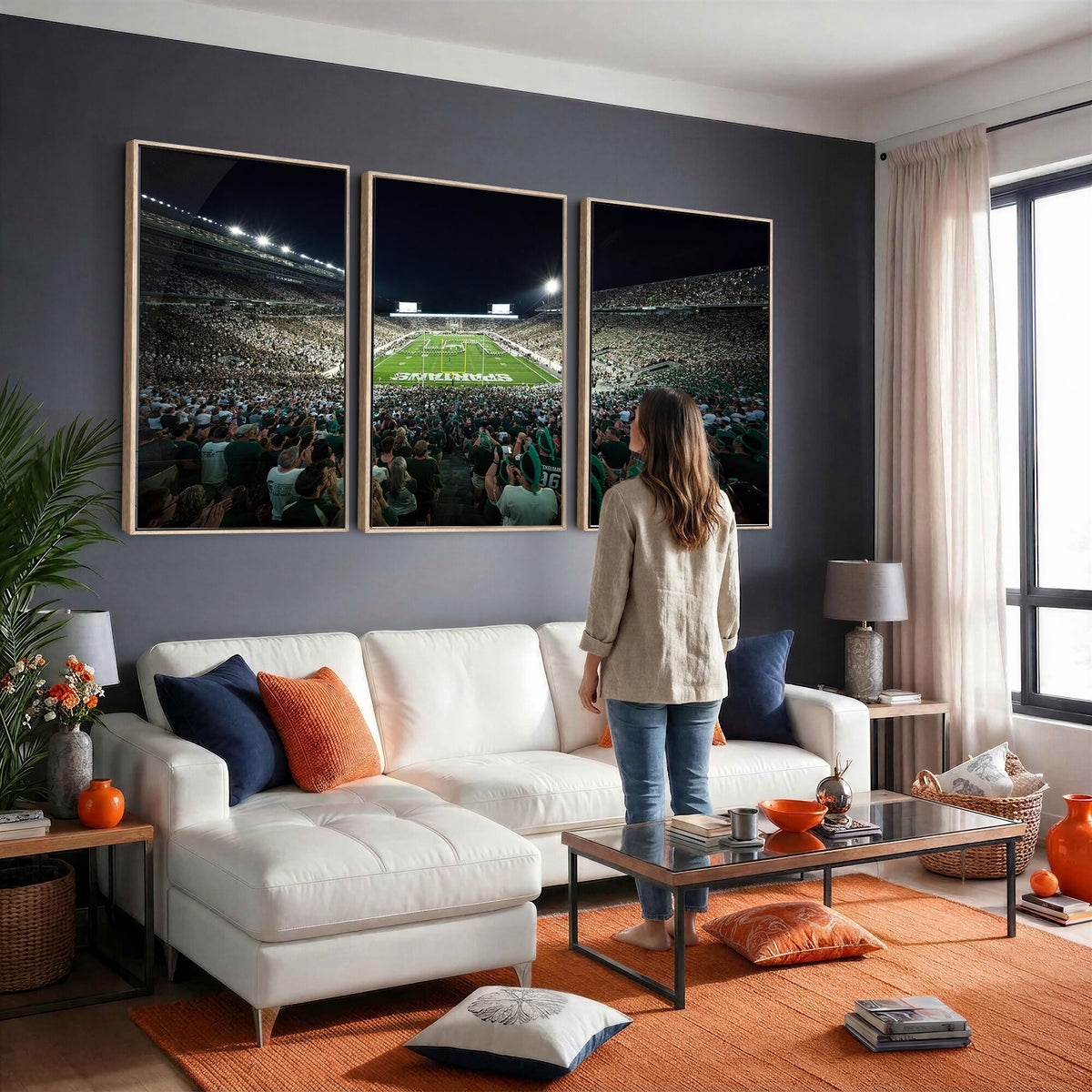 57523-PAN-FL-20X10 - Framed Michigan State Spartans Football Team Print - East Lansing Spartan Stadium Wall Art Canvas