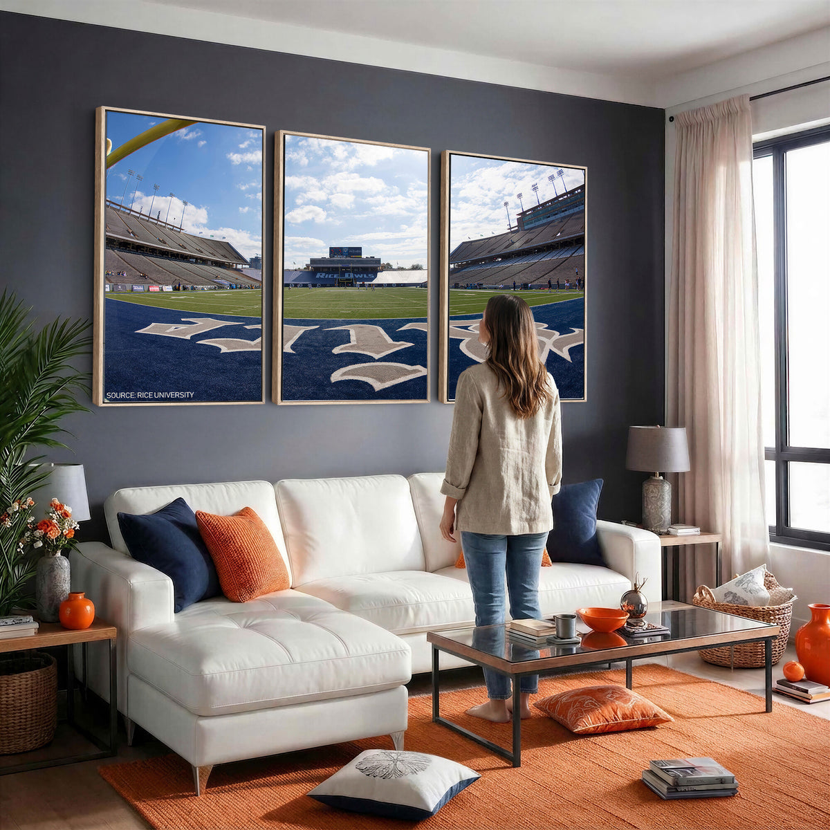 50267-MGV-CV-36X24 - Rice University Owls Football Team Print, Houston Rice Stadium, Framed and Ready to Hang