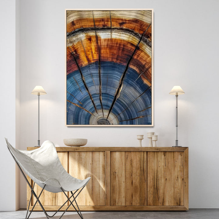 Tree Rings Wall Art Canvas Print, Framed Wood Texture Art Picture Print, Blue Grain Perfect Rustic Modern Decor Artwork