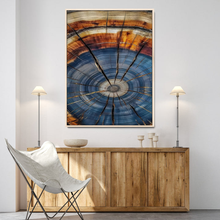 Tree Rings Wall Art Canvas Print, Framed Wood Texture Art Picture Print, Blue Grain Perfect Rustic Modern Decor Artwork, Wood Texture Wall Art Canvas