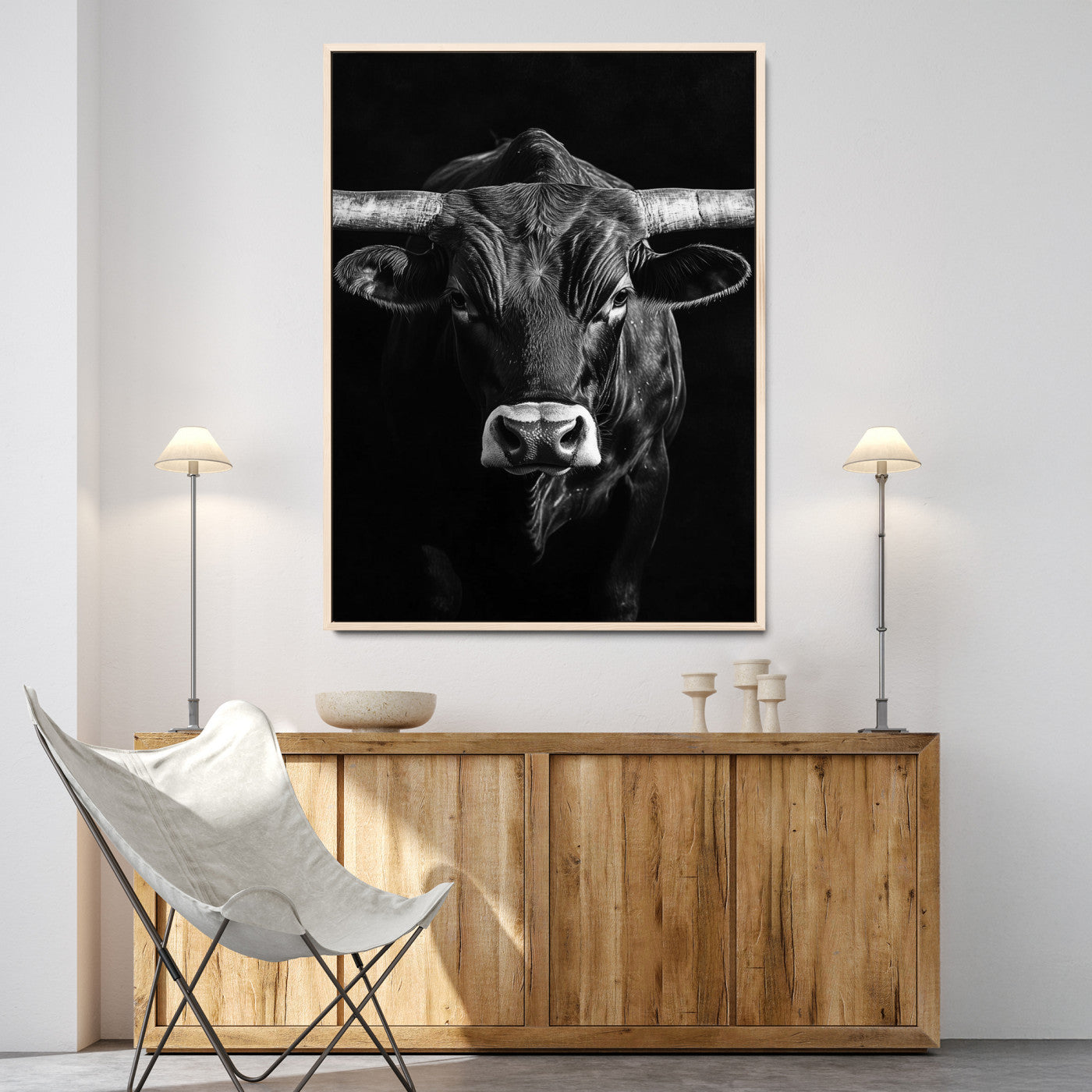 Texas Longhorn Wall Art Canvas Print, Framed Monochrome Bull Art Picture Print, Texas Bull Wall Art Canvas Print