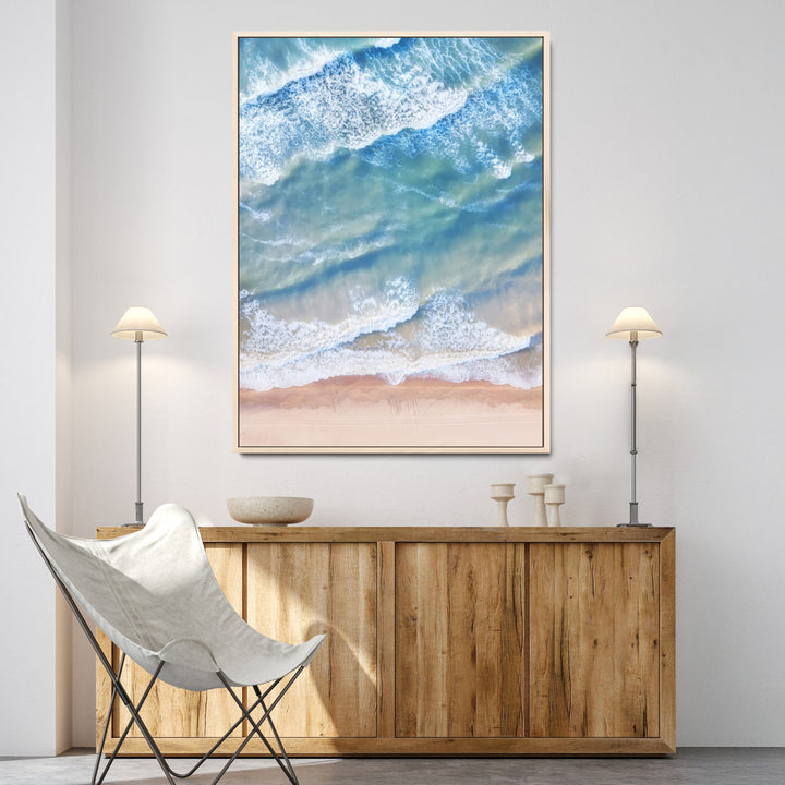 Aerial Ocean Wall Art Canvas Print, Soft Blue Waves Print, Framed Soft Blue Waves Canvas