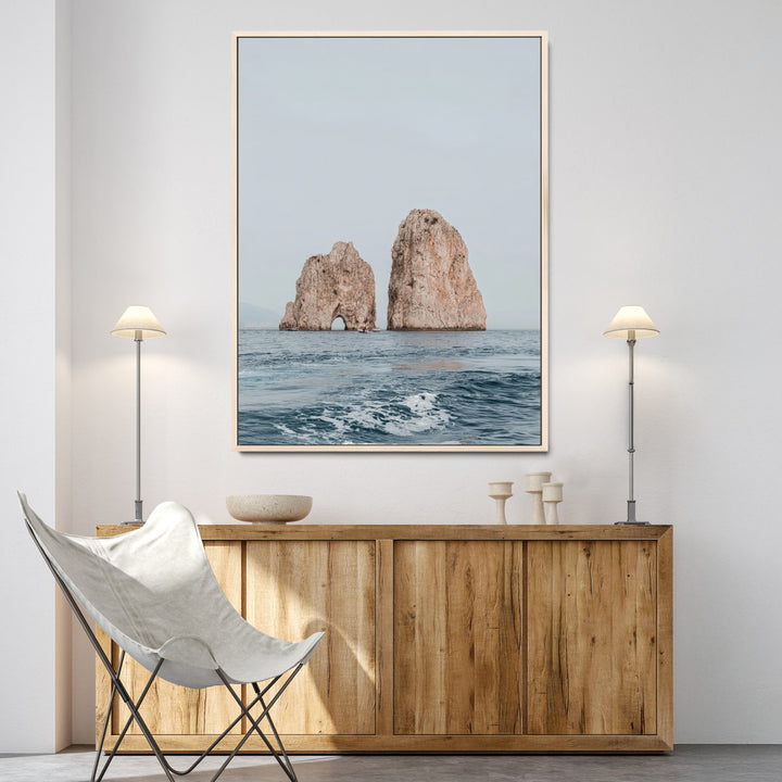 Faraglioni Capri Wall Art Canvas Print, Serene Ocean Print, Framed Mediterranean Coastal Art Print, Large Rocky Ocean Printing