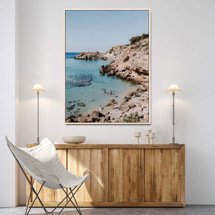 Turquoise Cove Wall Art Canvas Print, Ibiza Beach Print, Framed Mediterranean Shore Art Print, Large Clear Shoreline Printing Boho