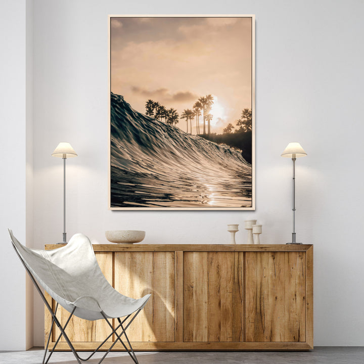 Golden Hour Ocean Wall Art Canvas Print, Tropical Beach Sunset Print, Framed Palm Tree Silhouettes Art Print, Large Warm Coastal