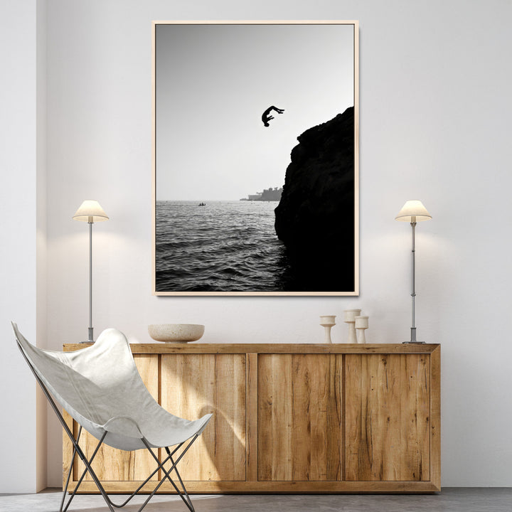 Cliff Jumping Wall Art Canvas Print, Black White Ocean Print, Framed Monochrome Cliff Dive Art Print, Large Coast Dive Printing,