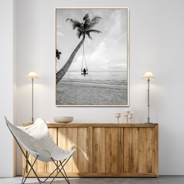 Black White Palm Tree Wall Art Canvas Print, Minimalist Beach Swing Print, Framed Monochrome Coastal Art Print, Large Tropical Ocean