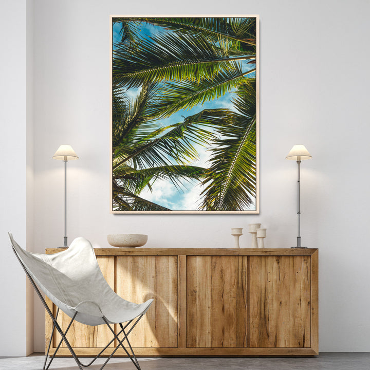 Palm Leaves Wall Art Canvas Print, Framed Tropical Vibes Art Picture Print, Green Foliage Perfect Tropical Boho Decor Artwork