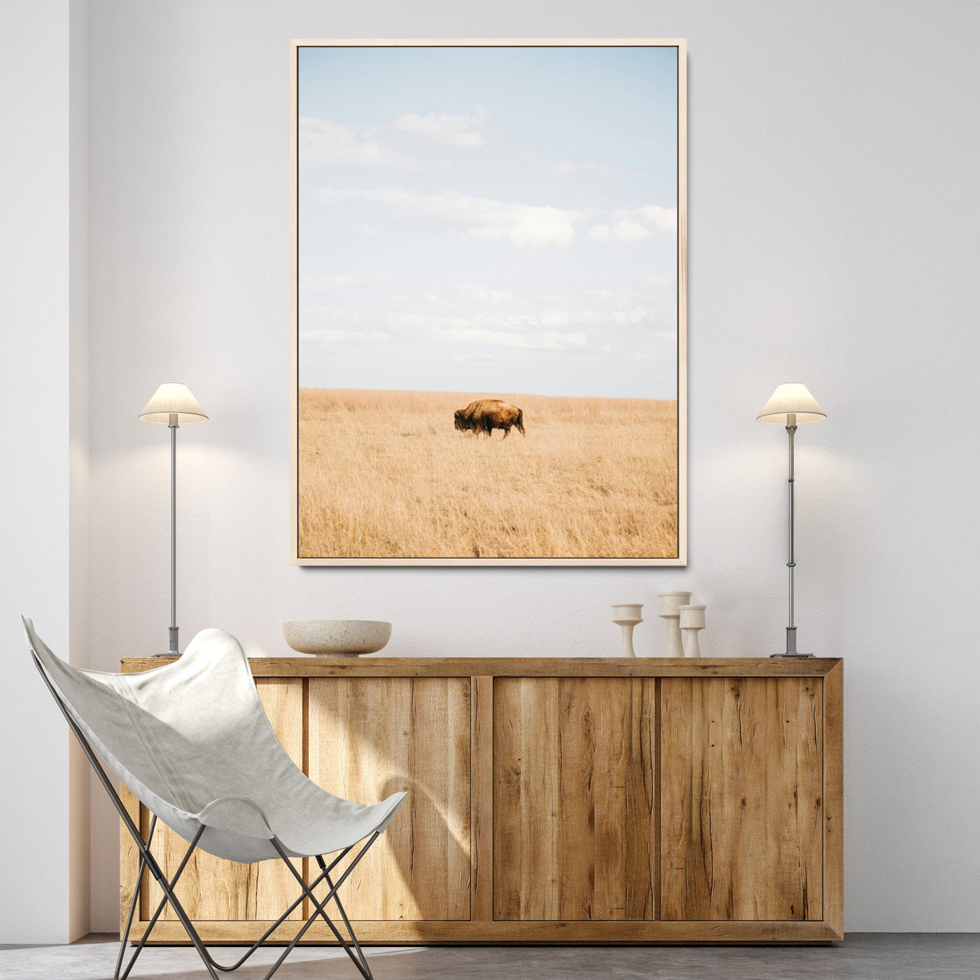 Minimalist Nature Wall Art Canvas Print, Framed Bison In Grassland Art Print, Open Field Perfect Modern Ranch Decor Decor Artwork