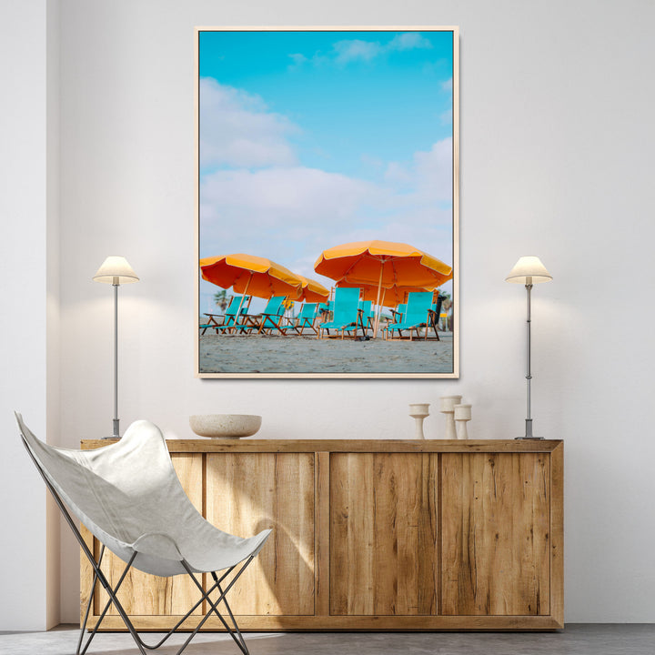 Beach Umbrellas Wall Art Canvas Print, Framed Coastal Vibes Art Picture Print, Tropical Paradise Perfect Coastal Boho Decor Artwork
