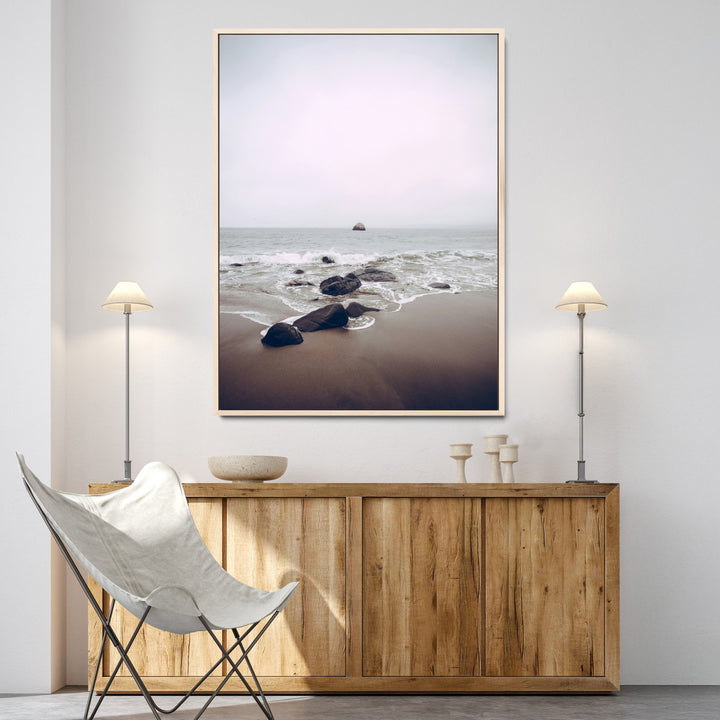 Moody Seascape Wall Art Canvas Print, Framed Neutral Beach Art Picture Print, Foggy Ocean Perfect Minimalist Decor Artwork
