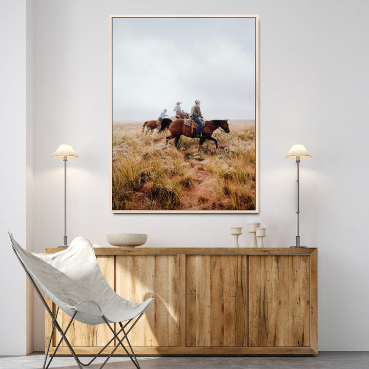 Golden Grassland Wall Art Canvas Print, Framed Western Frontier Mood Art Picture Print, Open Range Riders Perfect Rustic Western Decor