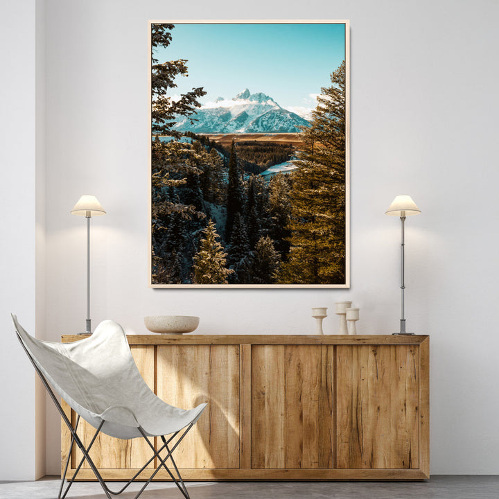 Mountain Landscape Wall Art Canvas Print, Framed Snowy Peaks Art Picture Print, Nature Photography Perfect Rustic Lodge Decor Artwork