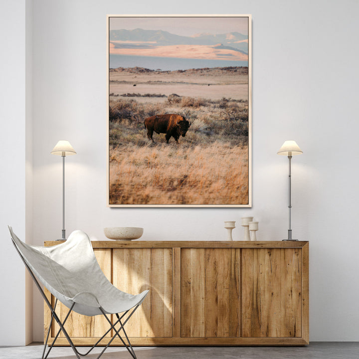 Solitary Buffalo Wall Art Canvas Print, Framed Golden Prairie Art Picture Print, Earthy Tones Perfect Rustic Western Decor Artwork