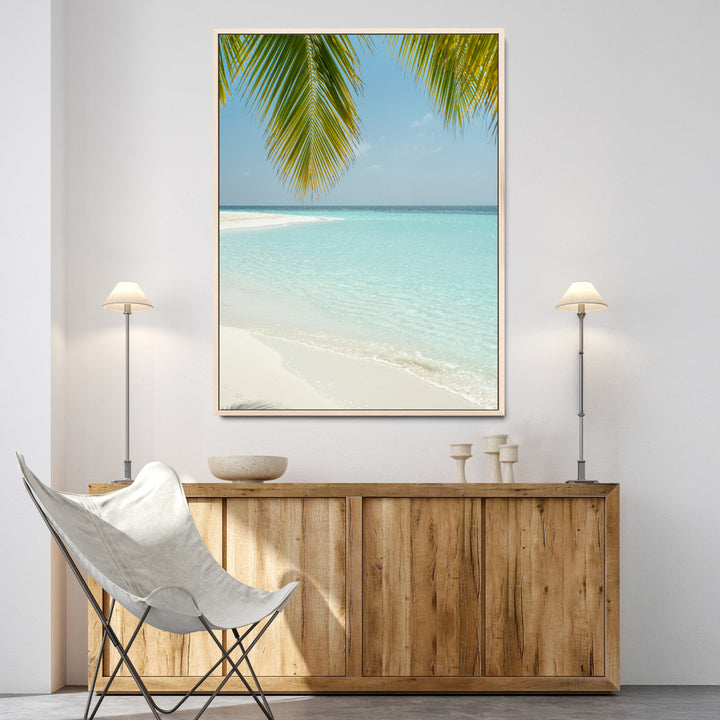 Azure Water Wall Art Canvas Print, Framed Tranquil Island Escape Art Picture Print, Clear Blue Ocean Wall Art Coastal Minimalist Decor