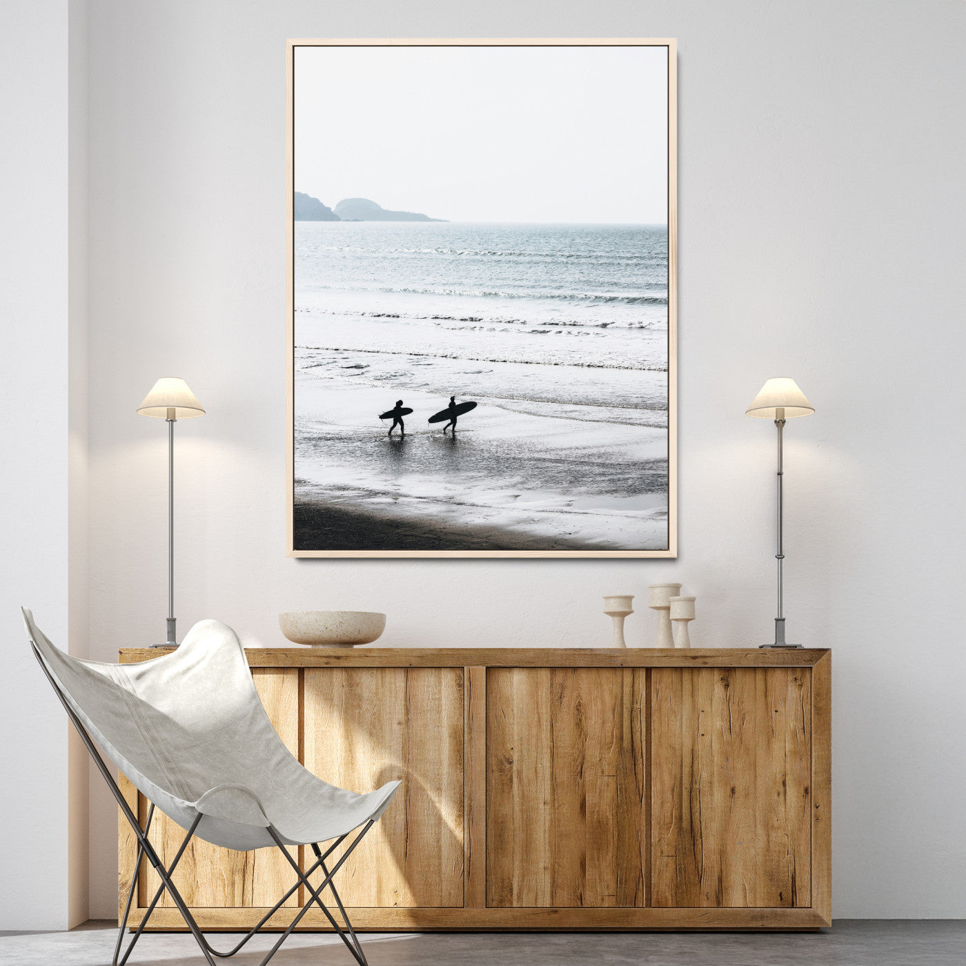 Surfer Silhouettes Wall Art Canvas Print, Framed Minimalist Ocean Art Picture Print