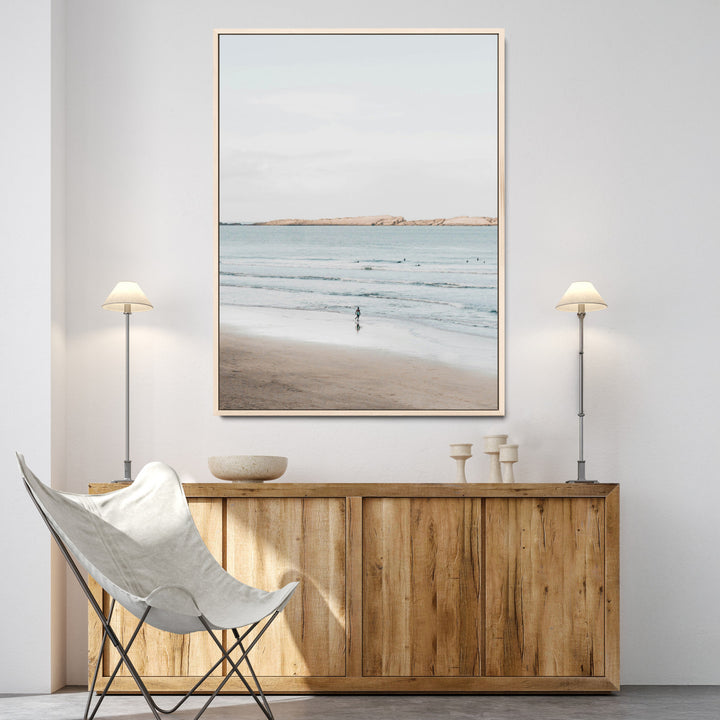 Minimalist Beach Art Canvas Print, Soft Blue Tones Print, Framed Tranquil Ocean Art Print, Large Calm Horizon Printing Coastal,