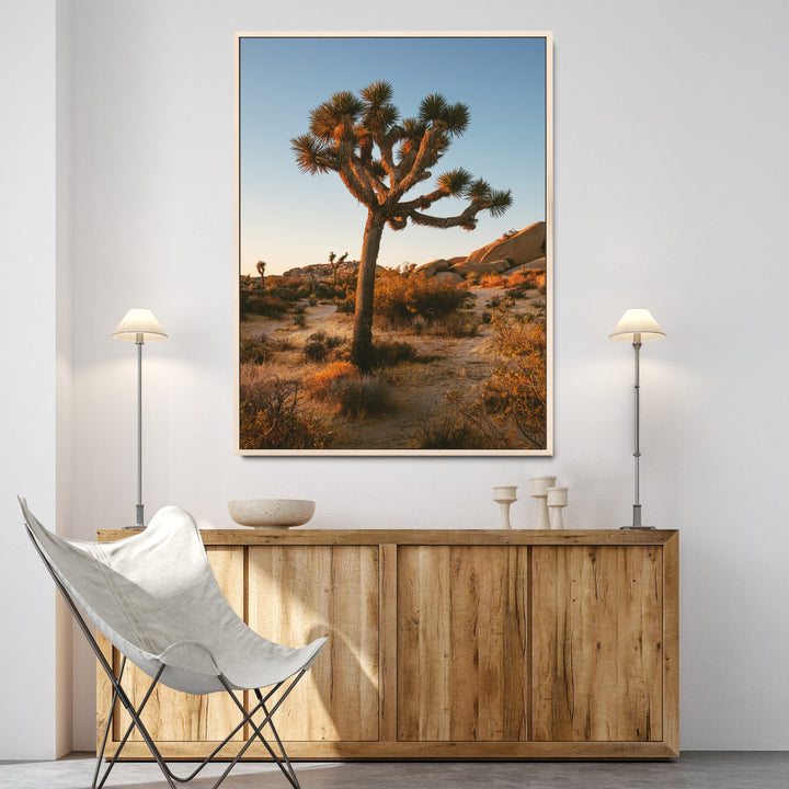 Joshua Tree Artwork Canvas Print, Desert Sunset Print, Framed Golden Hour Light Art Print, Large Southwestern Landscape Printing, Framed