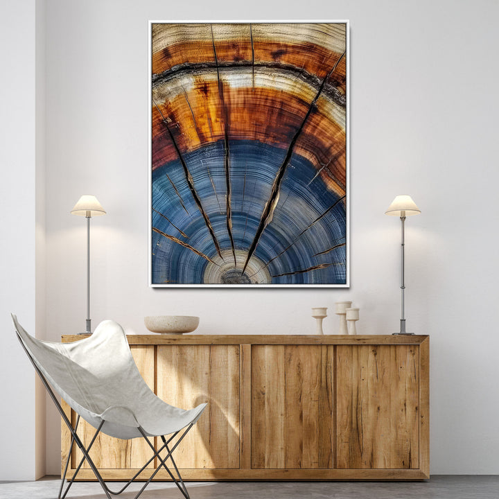 Tree Rings Wall Art Canvas Print, Framed Wood Texture Art Picture Print, Blue Grain Perfect Rustic Modern Decor Artwork