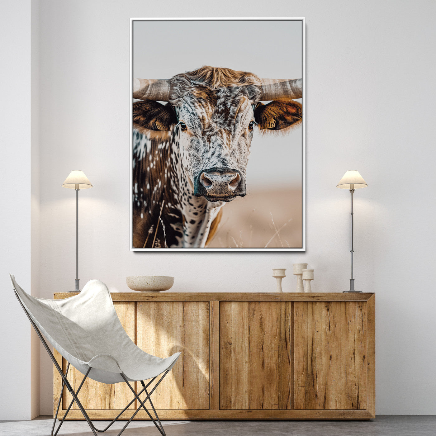 Texas Longhorn Wall Art Canvas Print, Framed Speckled Cow Art Picture Print, Horned Bull Perfect Rustic Western Decor, Texas Longhorn Canvas