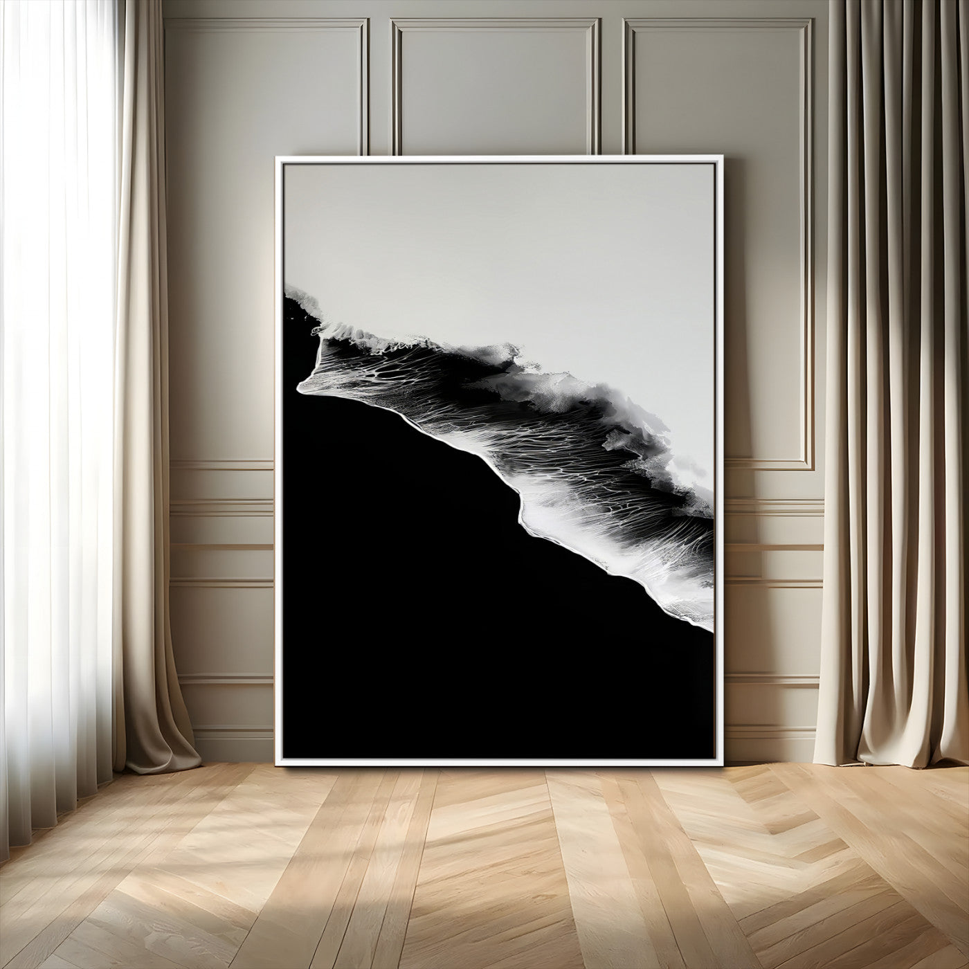 MGV-FC-24X36 - Ocean Wave Wall Art Canvas Print, Framed Abstract Wave Art Picture Print, Monochrome Sea Perfect Modern Minimal Decor Artwork