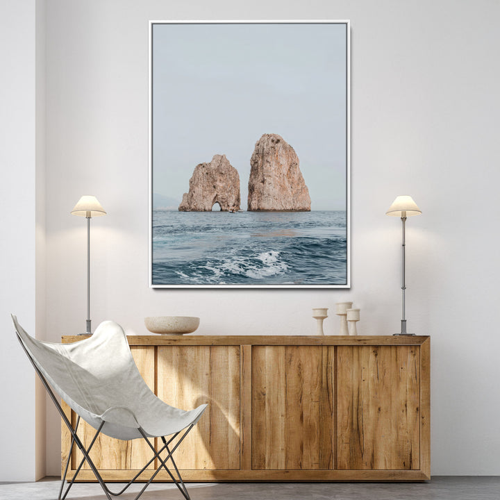 Faraglioni Capri Wall Art Canvas Print, Serene Ocean Print, Framed Mediterranean Coastal Art Print, Large Rocky Ocean Printing