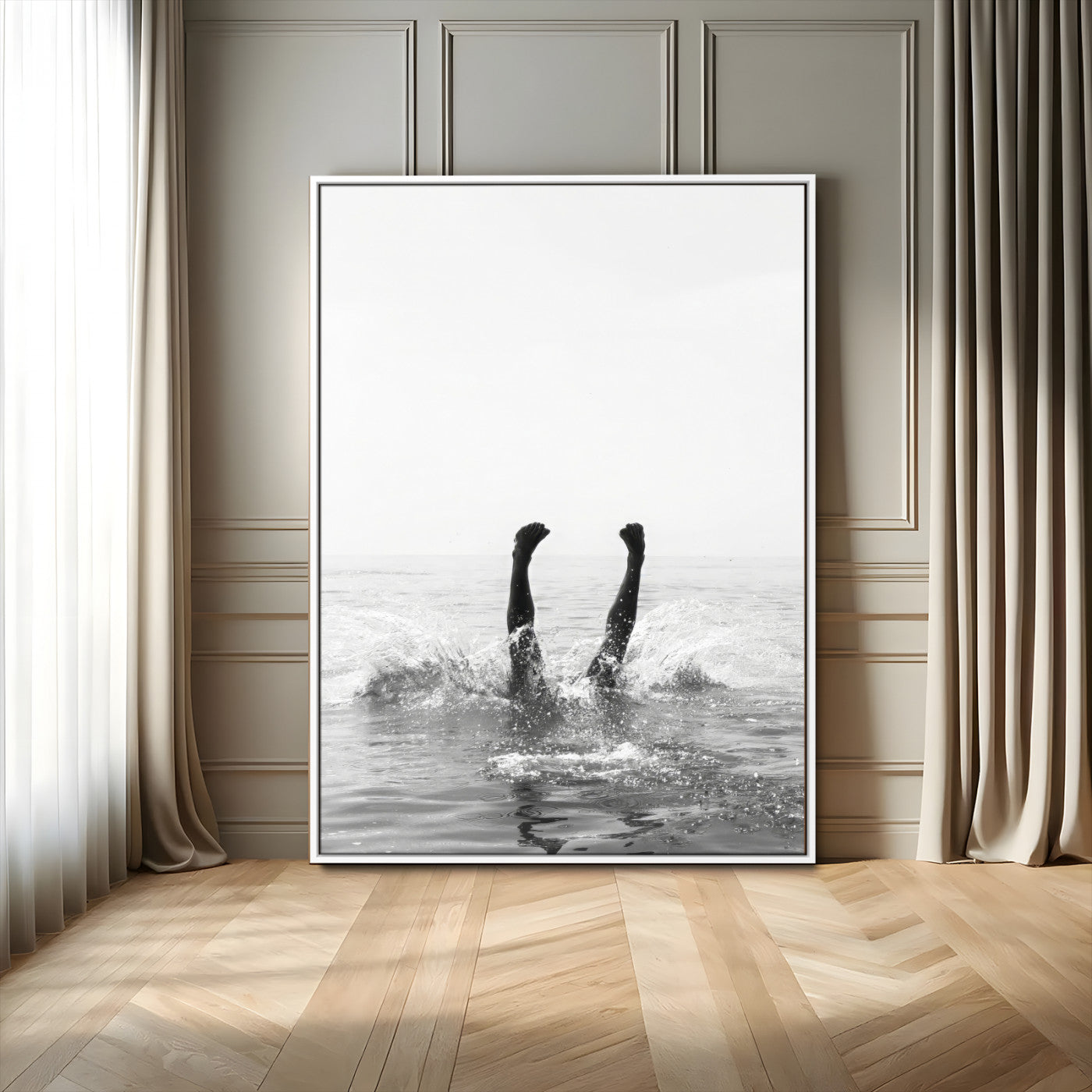 MGV-FC-24X36 - Minimal Ocean Wall Art Canvas Print, Framed Monochrome Diving Art Picture Print, Swimmer in Sea Perfect Minimalist Coastal Decor Artwork