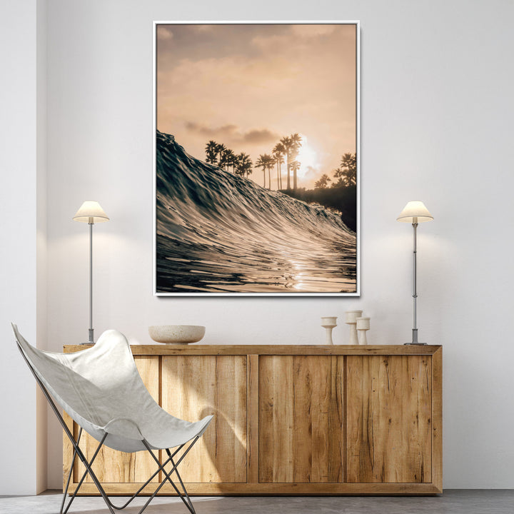 Golden Hour Ocean Wall Art Canvas Print, Tropical Beach Sunset Print, Framed Palm Tree Silhouettes Art Print, Large Warm Coastal