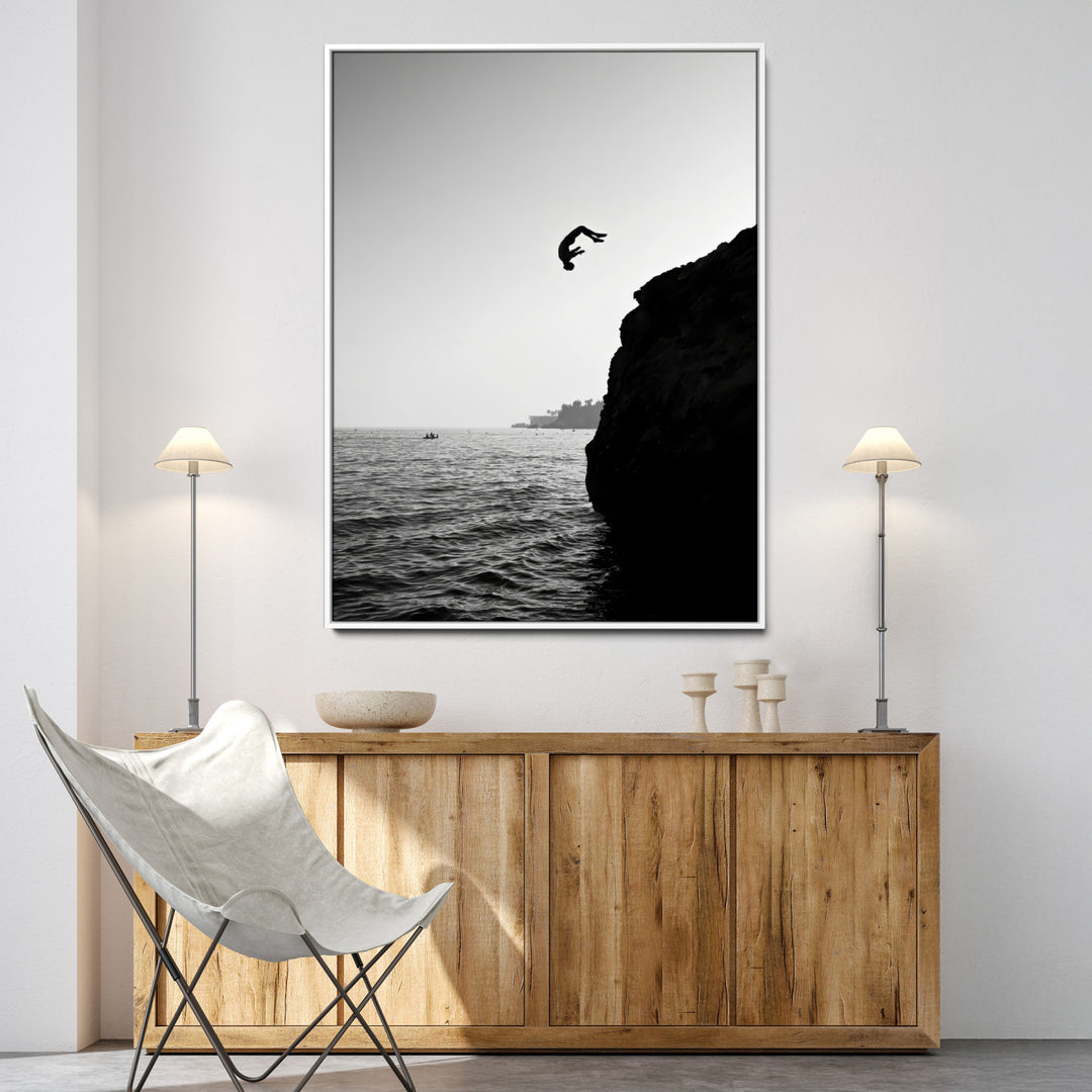 Cliff Jumping Wall Art Canvas Print, Black White Ocean Print, Framed Monochrome Cliff Dive Art Print, Large Coast Dive Printing,