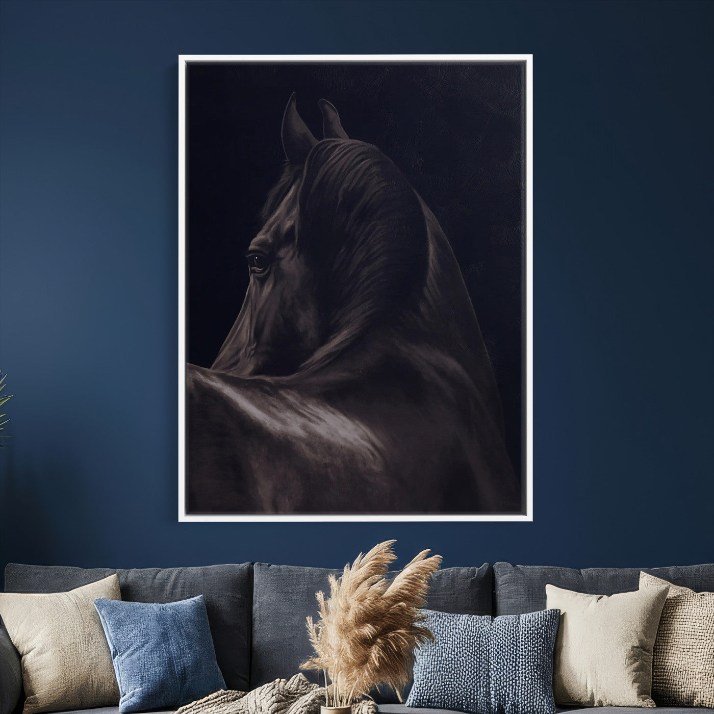 77538596-MGV-CV-24X36 - Dark Horse Wall Art – Majestic Silhouette Canvas Print, Sleek Mane, Graceful Strength, Elegant Equine Form, Timeless Beauty Decor for Home or Office