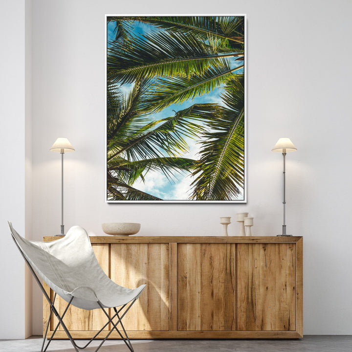 Palm Leaves Wall Art Canvas Print, Framed Tropical Vibes Art Picture Print, Green Foliage Perfect Tropical Boho Decor Artwork