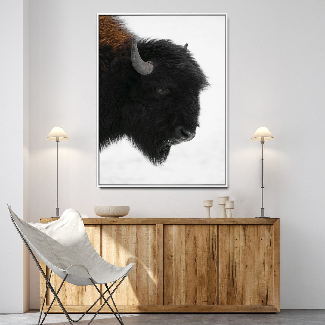 Western Rustic Wall Art Canvas Print, Framed Buffalo Photography Art Picture Print, Black and White Wildlife Perfect Modern Ranch Decor