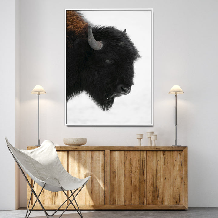 Western Rustic Wall Art Canvas Print, Framed Buffalo Photography Art Picture Print, Black and White Wildlife Perfect Modern Ranch Decor