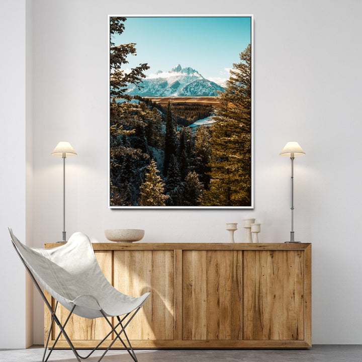 Mountain Landscape Wall Art Canvas Print, Framed Snowy Peaks Art Picture Print, Nature Photography Perfect Rustic Lodge Decor Artwork