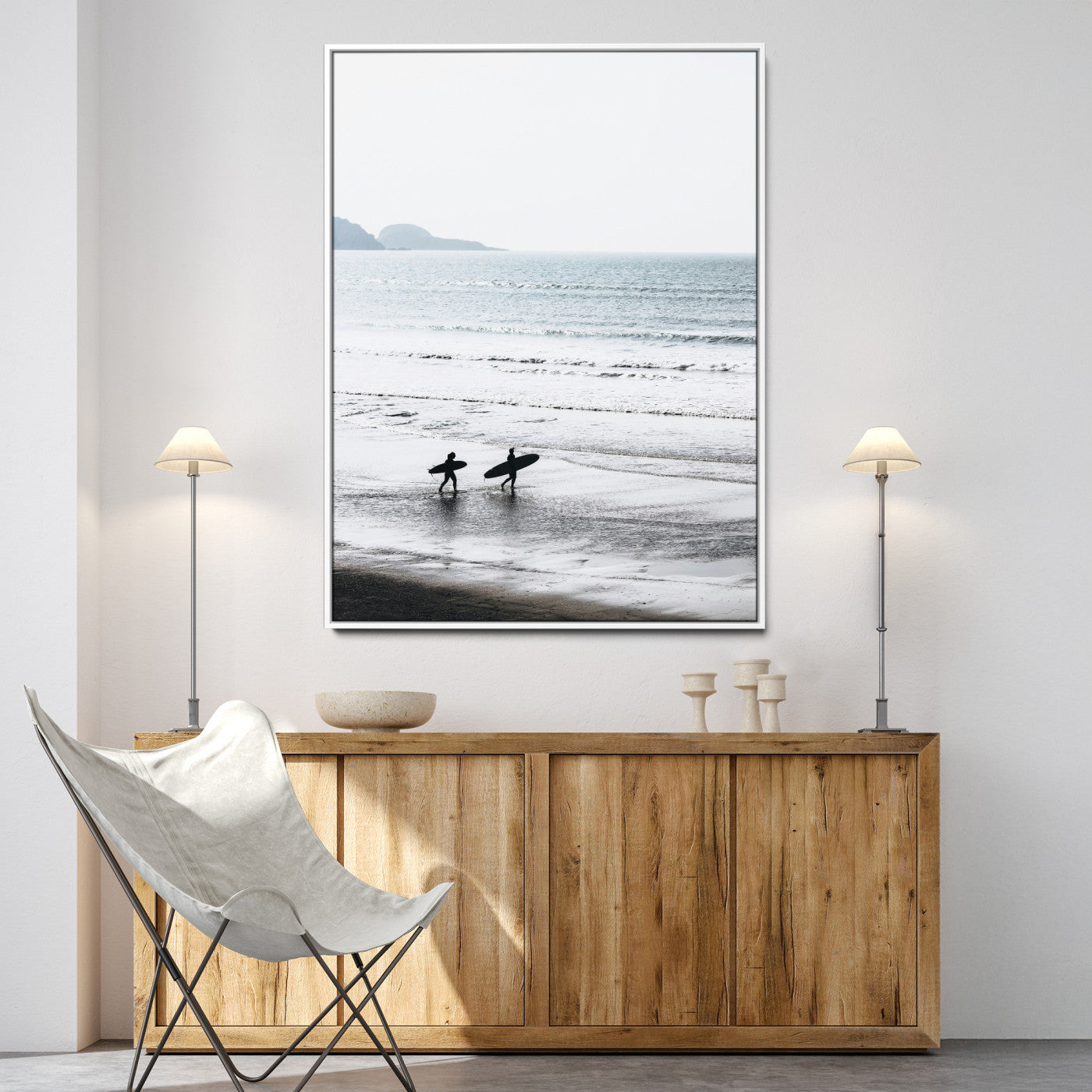 Surfer Silhouettes Wall Art Canvas Print, Framed Minimalist Ocean Art Picture Print