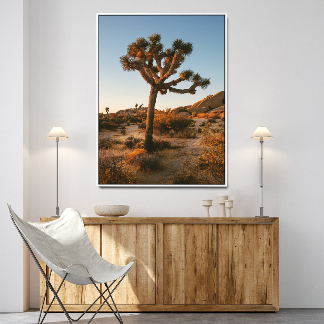 Joshua Tree Artwork Canvas Print, Desert Sunset Print, Framed Golden Hour Light Art Print, Large Southwestern Landscape Printing, Framed